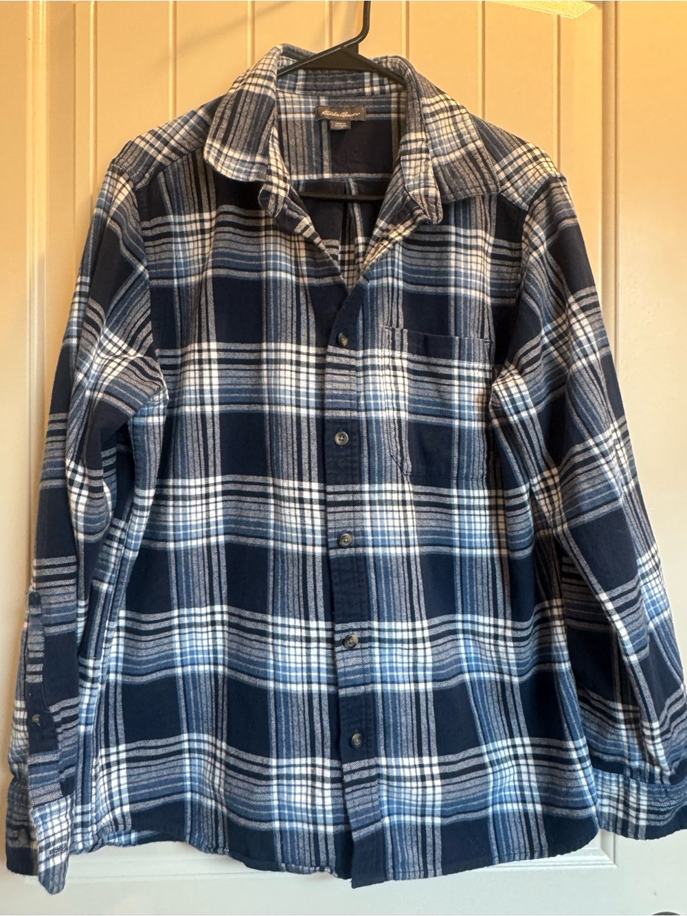 Eddie Bauer Navy and White Plaid Flannel Button-Down Shirt